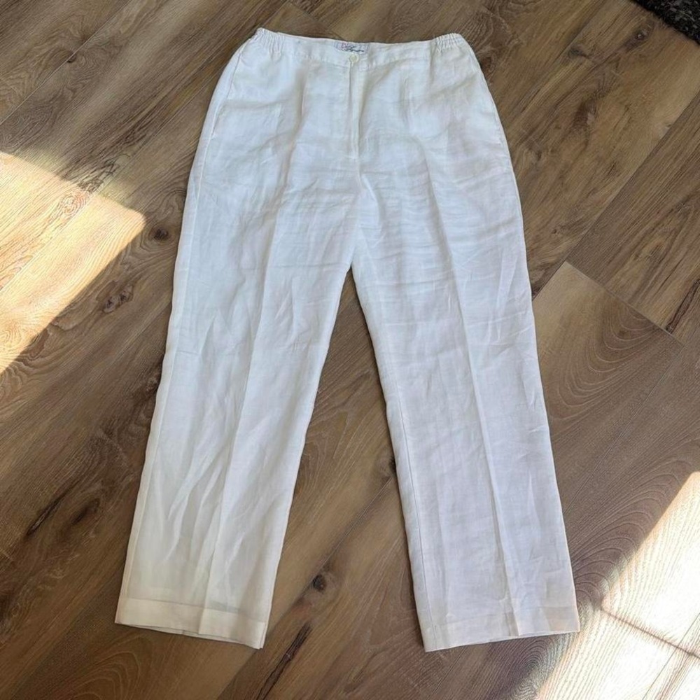 White Linen Trousers Relaxed Fit Wide Leg Pants Coastal Grandmother Resort Sz L